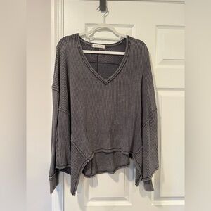 Free People Oversized Waffle Knit V-Neck Top in Charcoal Gray